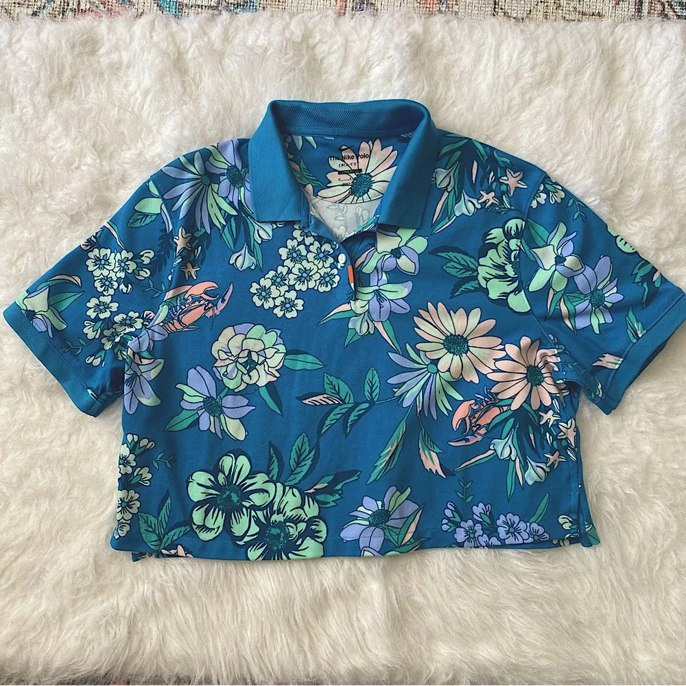 Nike Women's Golf Polo Shirt Crop Top Blue Floral - Picture 1 of 8